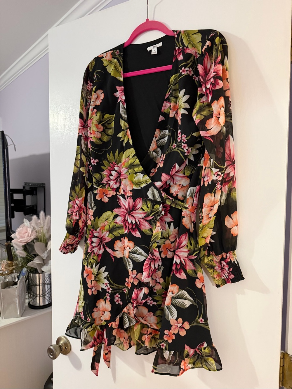 Bar III Black Floral Wrap Mini Dress with Pink Blooms